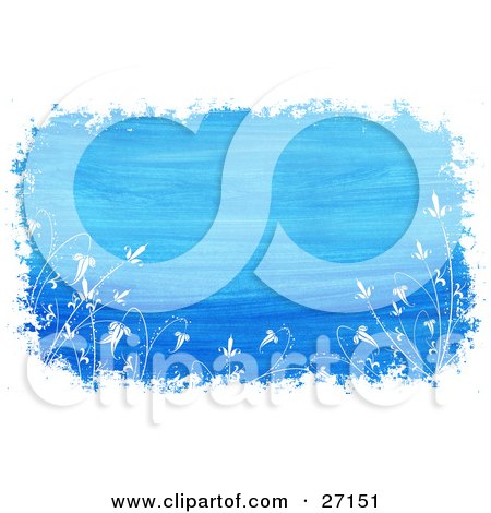 Clipart Illustration of a Blue Paint Textured Background Bordered With White Flowers And Grunge by KJ Pargeter