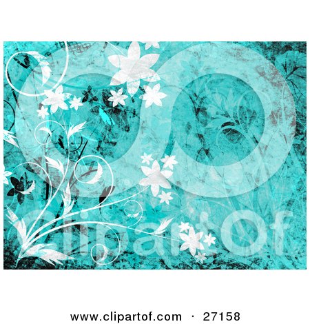 Clipart Illustration of White And Black Flowers And Vines With Grunge Textures Over A Blue Background by KJ Pargeter