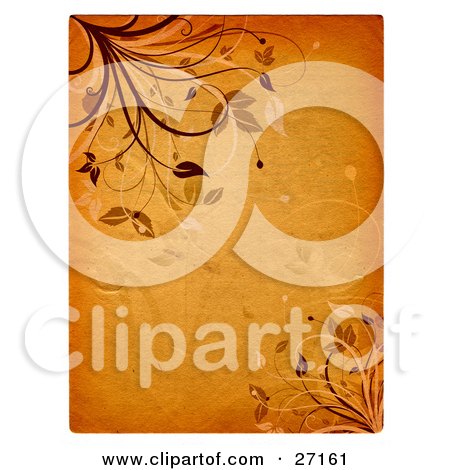 Clipart Illustration of a Textured Orange Background With Darker Edges And Brown And Tan Plants With Leaves In The Corners by KJ Pargeter