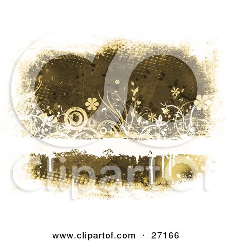 Clipart Illustration of a Brown Grunge Background With A Blank White Text Bar With Dripping Paint, Flowers, Plants And Circles by KJ Pargeter