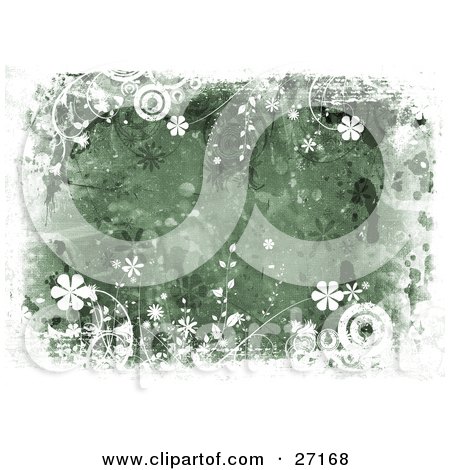Clipart Illustration of a Green Canvas Textured Background With Splatters, Bordered By White Circles, Vines And Flowers by KJ Pargeter
