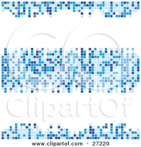 Clipart Illustration of Three Rows Of Light, Medium And Dark Blue Squares Forming Mosaics Over A White Background by elaineitalia