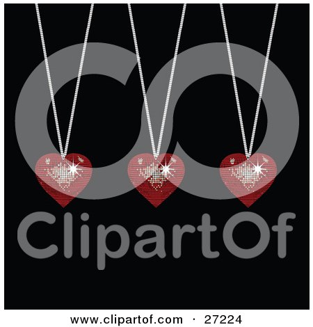 Clipart Illustration of Three Sparkling Red Disco-Like Heart Pendants Suspended From Silver Necklaces Over A Black Background by elaineitalia