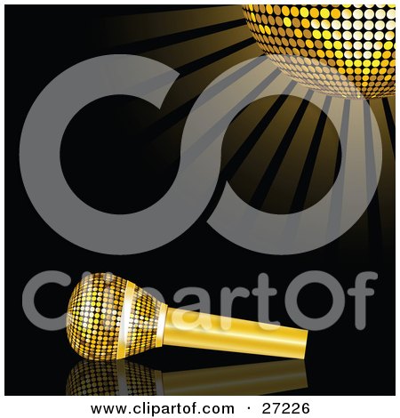 Clipart Illustration of a Gold Microphone Resting On A Reflective Black Surface Under A Glowing Golden Mirror Disco Ball by elaineitalia