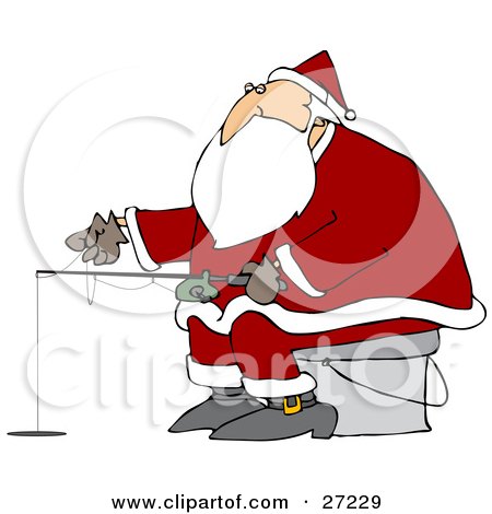 Clipart Illustration of Santa Sitting On A Pail And Ice Fishing On A Frozen Lake by djart