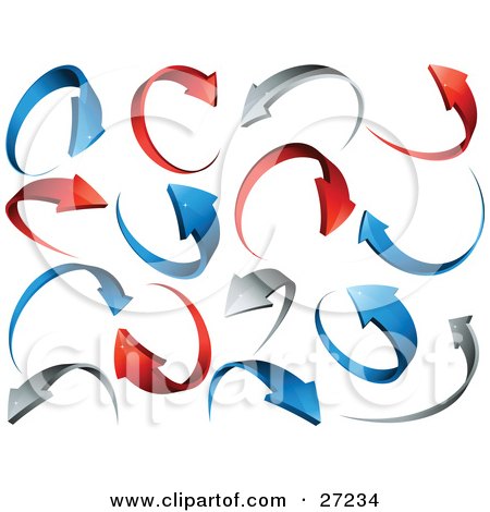 Clipart Illustration of a Background Of Red, Gray And Blue Circling Arrows Over White by beboy