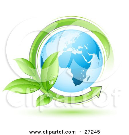 Clipart Illustration of a Green Arrow Sprouting Dew Covered Leaves, Circling The Blue Earth by beboy
