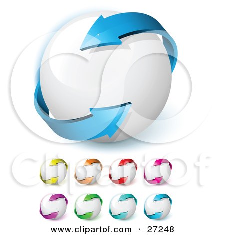 Clipart Illustration of a Blue Arrow Circling A White Ball, Symbolizing Circulation, Recycling And Ecology, And Includes Yellow, Orange, Red, Pink, Purple, Green And Light Blue Versions by beboy