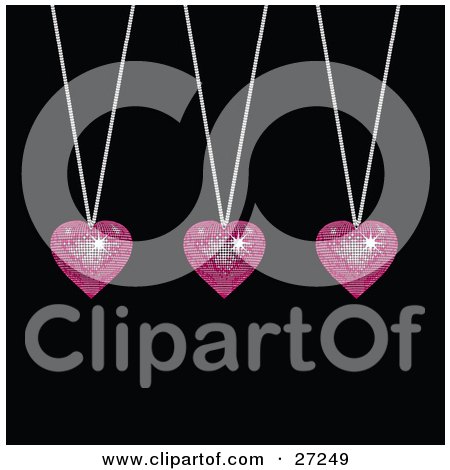 Clipart Illustration of Three Sparkling Pink Disco-Like Heart Pendants Suspended From Silver Necklaces Over A Black Background by elaineitalia