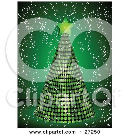 Clipart Illustration of a Green Mirrored Disco Tree Topped With A Star, On A Green Background With Snow by elaineitalia