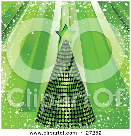 Clipart Illustration of a Green Mirrored Disco Tree Topped With A Star, On A Green Background Rays Of Light, Snow And Stars by elaineitalia