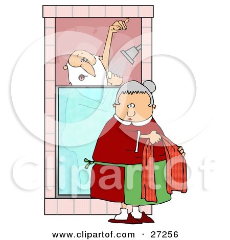 Clipart Illustration of Mrs Claus Bringing Santa A Towel While He Sings And Soaps Up In The Shower by djart