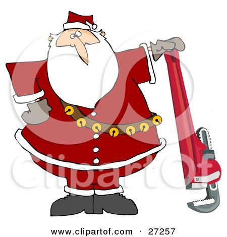Clipart Illustration of Santa Claus In His Red Suit, Resting His Hand On Top Of A Pipe Wrench by djart