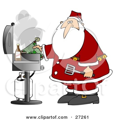 Clipart Illustration of Santa Holding A Hot Pat And Spatula While Grilling Food On A BBQ by djart