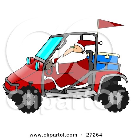 Clipart Illustration of Santa In His Suit, Driving A Mud Bug With An Ice Chest In The Back by djart