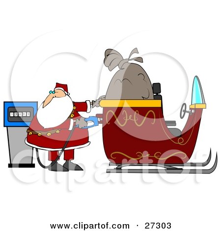 Clipart Illustration of Santa Watching The Cost Rise On The Gas Pump While Filling His Sleigh With Gasoline On His Delivery Route by djart