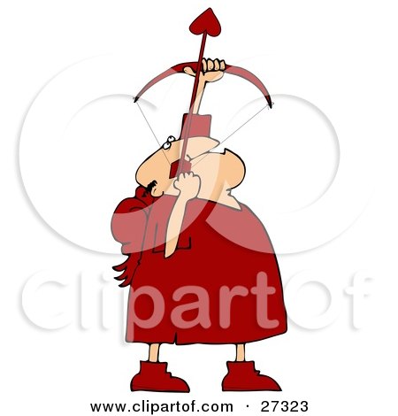 Clipart Illustration of a Chubby Male Cupid In Red, With Red Wings, Pointing An Arrow Upwards by djart