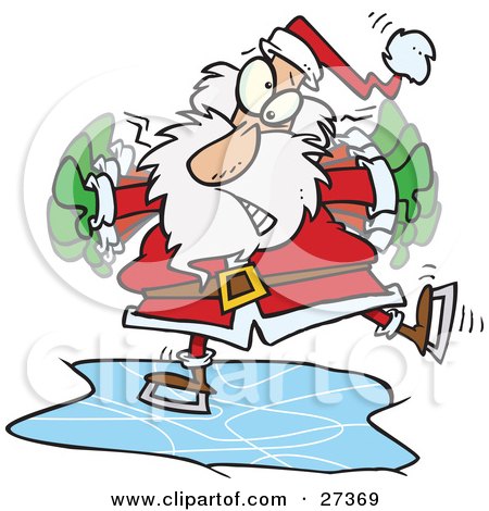 Clipart Illustration of Santa Flapping His Arms To Try To Maintain His Balance So He Doesn't Fall While Ice Skating by toonaday