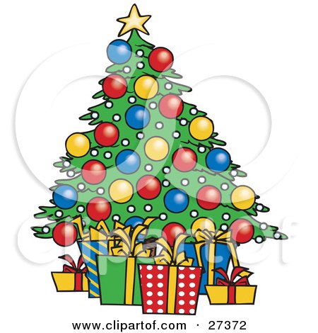 Clipart Illustration of Wrapped Xmas Presents Resting Under A Colorfully Decorated Christmas Tree by toonaday