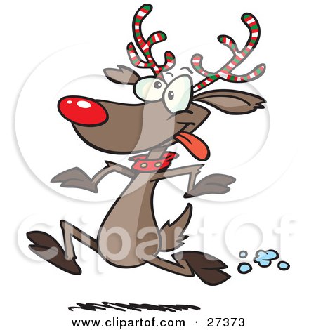 Clipart Illustration of Rudolph The Red Nosed Reindeer With Festive Red, White And Green Striped Antlers, Running In The Snow by toonaday