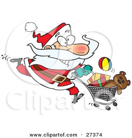 Clipart Illustration of an Energetic Santa Claus Running Through A Retail Store With A Shopping Cart Full Of Toys For Christmas Gifts by toonaday