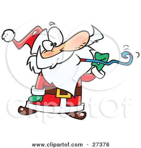 Clipart Illustration of Santa Claus At A Party, Blowing A Noise Maker Blower by toonaday