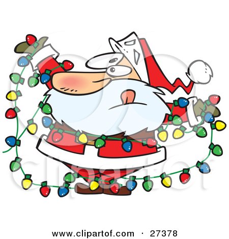Clipart Illustration of Santa Claus Tangled In A Mess Of Colorful Christmas Lights While Trying To Decorate His Home by toonaday