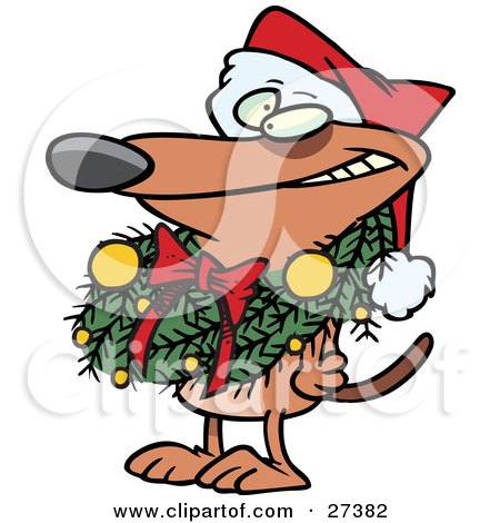 Clipart Illustration of a Brown Puppy Dog Wearing A Santa Hat And Grinning, Decked Out In A Christmas Wreath Which Is Hanging Around His Neck by toonaday