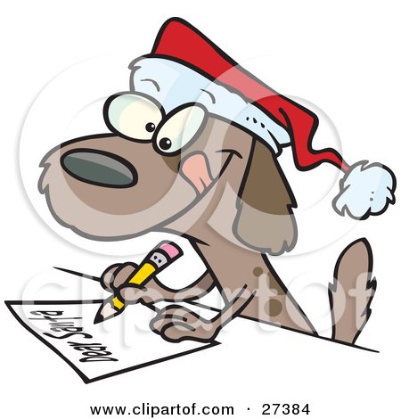 Clipart Illustration of a Festive Brown Puppy Dog Wearing A Santa Hat And Writing A Dear Santa Letter With His Christmas Wishes by toonaday