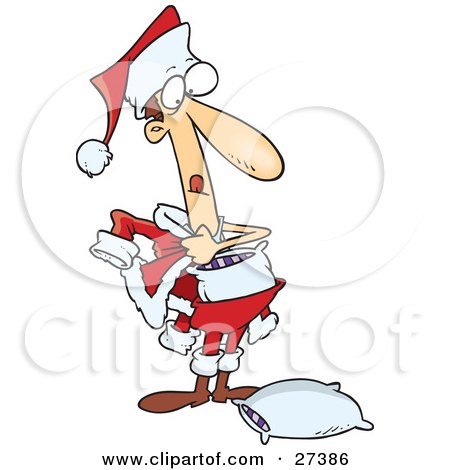 Clipart Illustration of a Phony Caucasian Man Stuffing Pillows Into A Santa Suit To Try To Fool People Into Thinking He's The Real Santa by toonaday