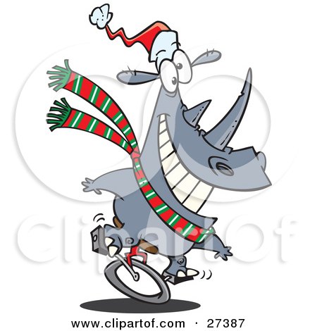 Clipart Illustration of a Festive Christmas Rhino Riding A Unicycle And Wearing A Santa Hat And Green, White And Red Scarf by toonaday