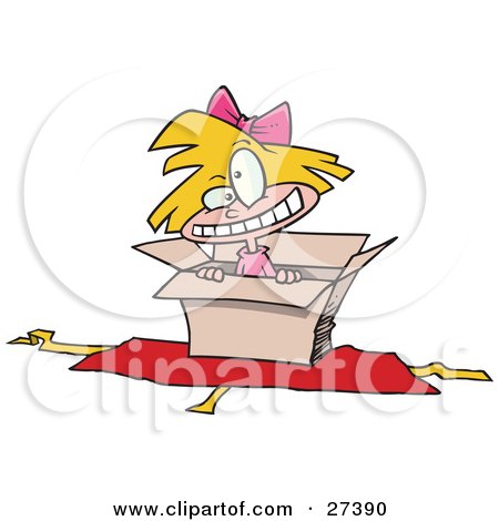 Clipart Illustration of a Hyper Little Blond Caucasian Girl Inside An Open Box With Opened Wrapping Paper Underneath by toonaday