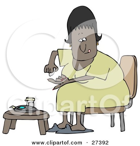 Clipart Illustration of a Diabetic Black Woman Sitting In A Chair At A Table And Pricking Her Finger With A Lancing Device For A Blood Sample by djart