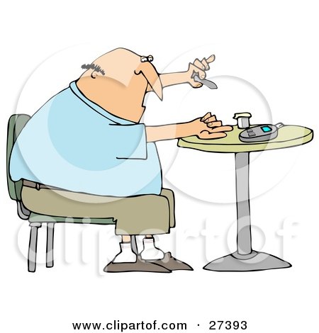 Clipart Illustration of a Diabetic White Man Sitting In A Chair At A Table And Pricking His Finger With A Lancing Device For A Blood Sample by djart