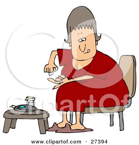 Clipart Illustration of a Diabetic White Woman In A Red Nightgown, Sitting In A Chair At A Table And Pricking Her Finger With A Lancing Device For A Blood Sample by djart
