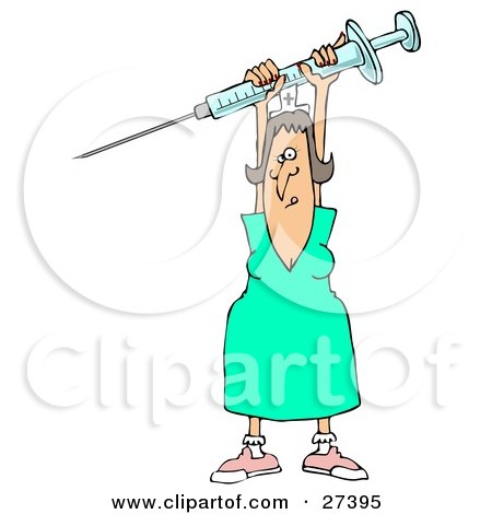 Clipart Illustration of a Female Nurse In A Green Dress, Holding A Syringe High Above Her Head by djart