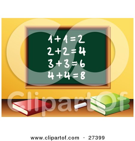 Clipart Illustration of Chalk And School Books In Front Of A Green Chalkboard With Solved Addition Written On It In A Math Class Room by elaineitalia
