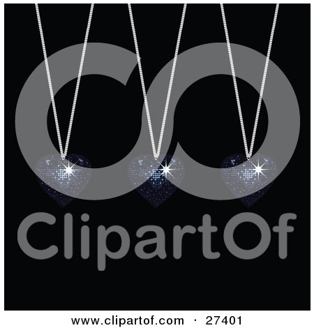 Clipart Illustration of Three Sparkling Blue Disco-Like Heart Pendants Suspended From Silver Necklaces Over A Black Background by elaineitalia