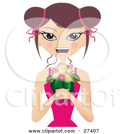 Clipart Illustration of a Happy Caucasian Woman In A Pink Dress, Smiling And Holding A Bunch Of Pink And White Flowers by Melisende Vector