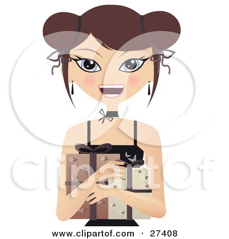 Clipart Illustration of a Happy Brunette Caucasian Woman Smiling And Hugging Two Gifts by Melisende Vector