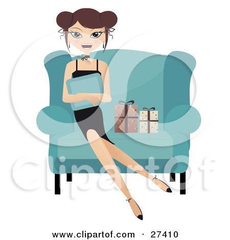 Clipart Illustration of a Happy Caucasian Woman Sitting In A Big Chair, Hugging A Pillow And Smiling With Two Gifts At Her Side by Melisende Vector
