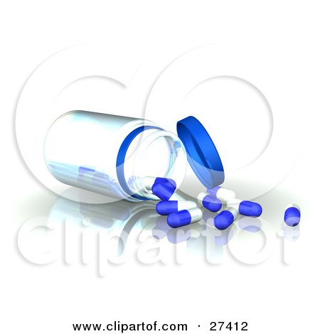 Clipart Illustration of a Clear Bottle Tipped Over On A Reflective Surface With White And Blue Pill Capsules Spilling Out by Frog974