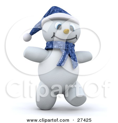 Clipart Illustration of Frosty The Snowman In 3d, Wearing A Blue Hat And Scarf, Smiling And Walking by KJ Pargeter