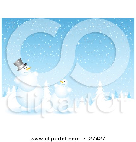 Clipart Illustration of Frosty The Snowman And A Friend Chatting At The Edge Of An Evergreen Forest Flocked In Snow On A Snowing Night by KJ Pargeter