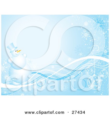 Clipart Illustration of Frosty The Snowman Smiling And Standing On Blue And White Waves Over A Gradient Background With Ornaments And Snowflakes by KJ Pargeter