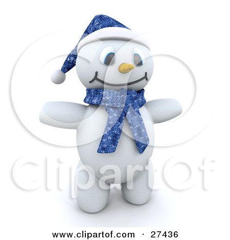Clipart Illustration of Frosty The Snowman In 3d, Wearing A Blue Hat And Scarf And Holding His Arms Out by KJ Pargeter
