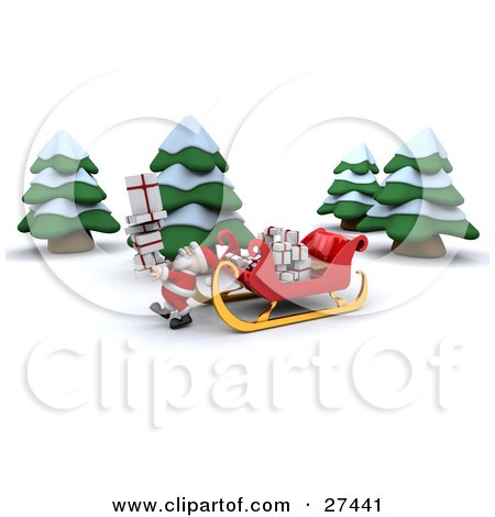 Clipart Illustration of Santa Carrying A Stack Of Gifts From His Sleigh To A Home In The Woods On Christmas Eve by KJ Pargeter