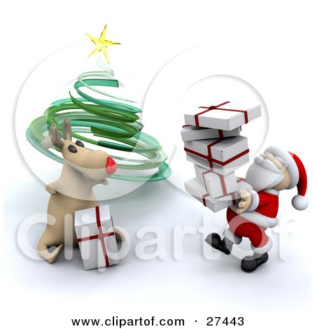 Clipart Illustration of Rudolph The Red Nosed Reindeer Sitting And Helping Santa Claus Stack Presents Under A Green Spiral Christmas Tree by KJ Pargeter