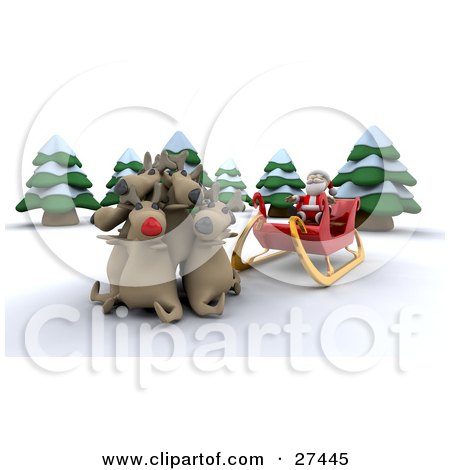 Clipart Illustration of Rudolph And Santa's Other Reindeer Huddled In Front Of St Nick's Sleigh In The Woods by KJ Pargeter
