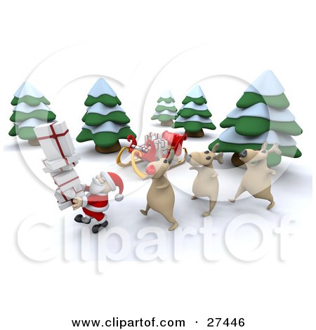 Clipart Illustration of Rudolph And Two Other Reindeer Walking Behind Santa Claus Near His Sleigh In The Woods While Delivering Christmas Presents by KJ Pargeter